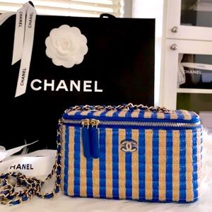 NEW Chanel 21P Raffia Jute Straw Striped Vanity Case on Chain Blue Beige Bag